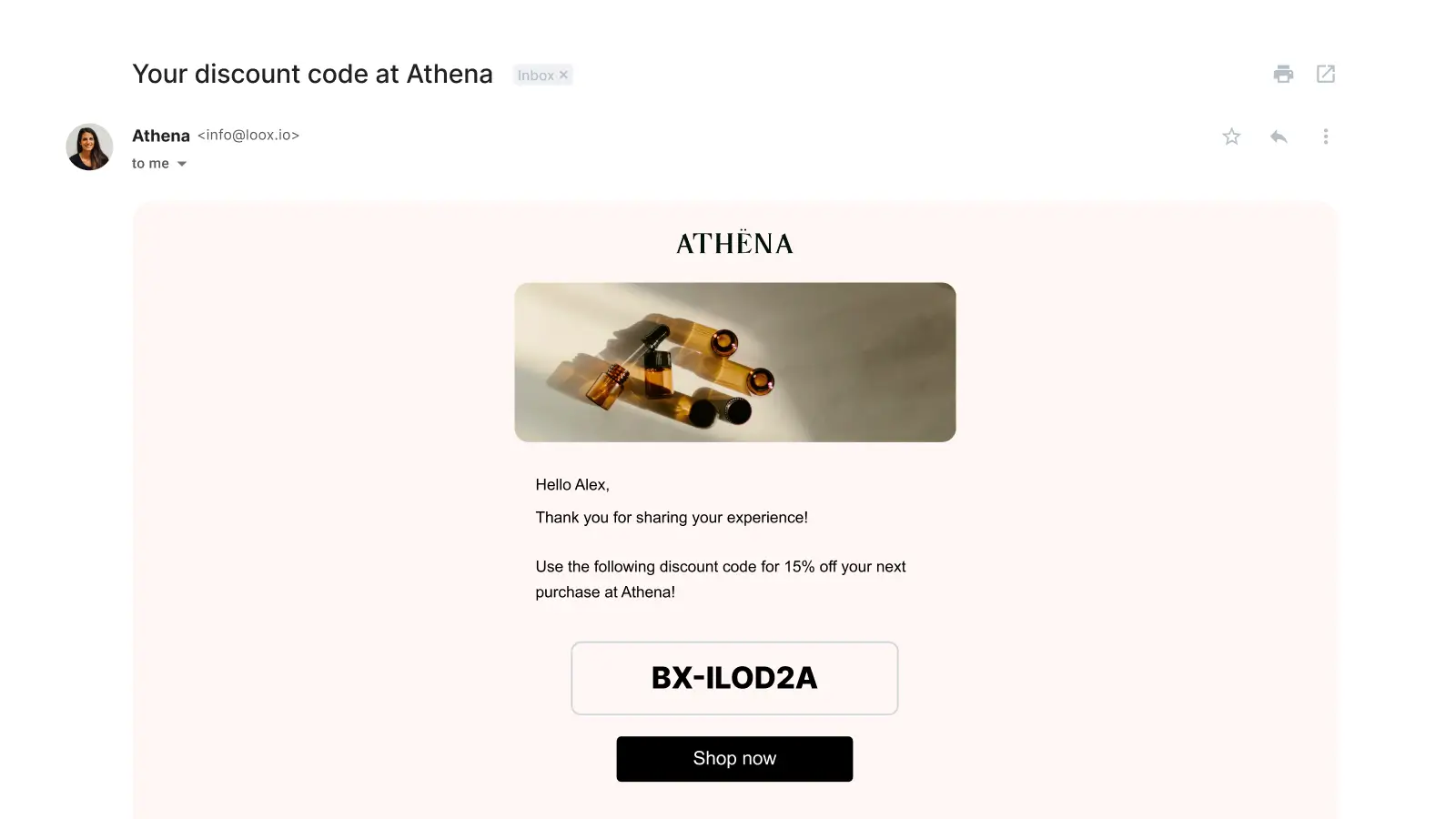 image showing an example of loox's email offering a discount after customer review